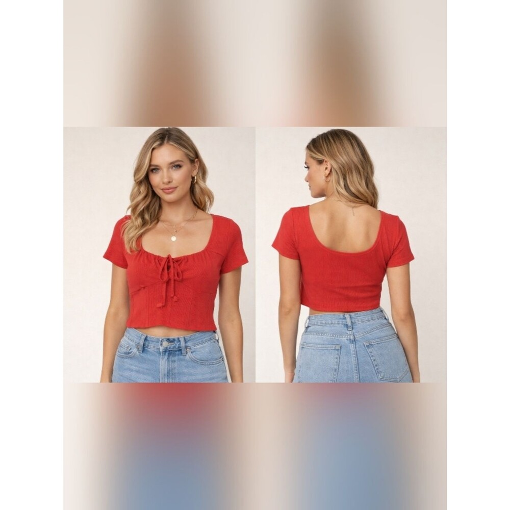 just polly milkmaid red tie front top  large y2k fitted short sleeve blouse